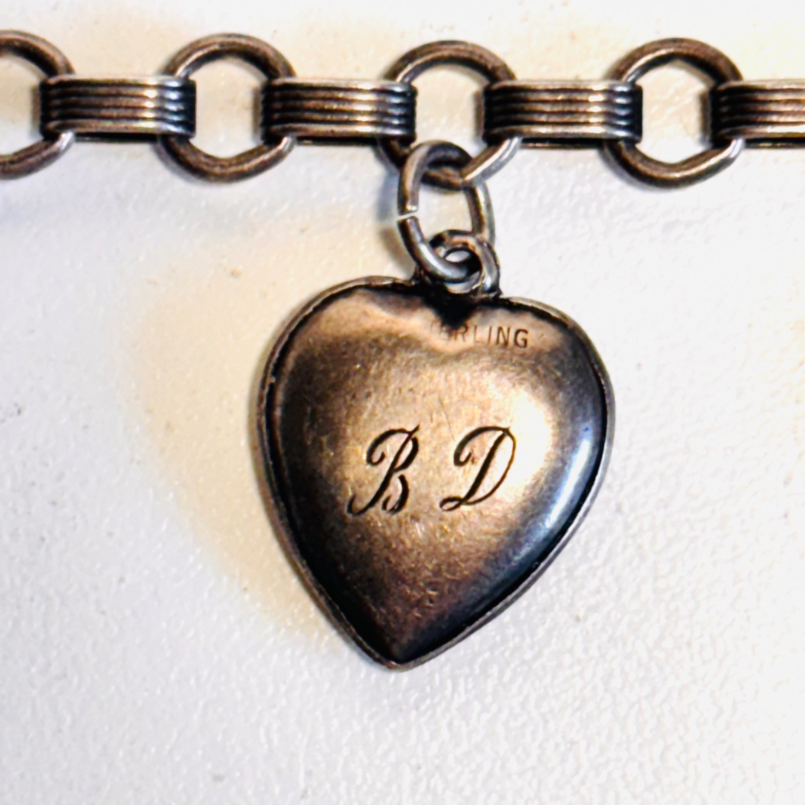 WALTER LAMPL Sterling silver bracelet puffy heart charm lock engraved vint 14.9g