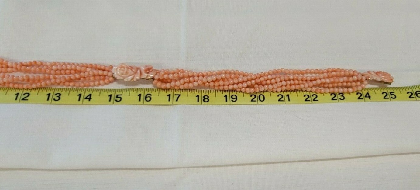 Pink Coral Round Floral Rose 6 Strand Beaded 14K Gold Necklace 114g Angel Skin