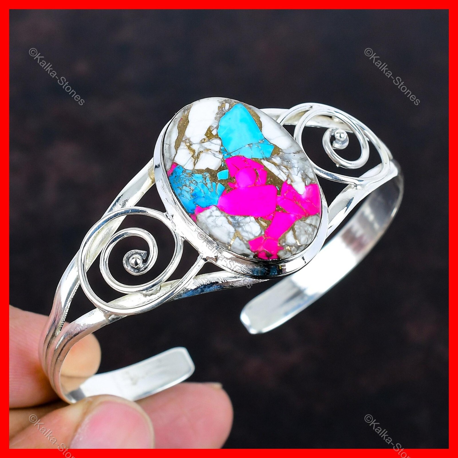 Cotton Candy Turquoise Gemstone Bangle 925 Sterling Silver Adjustable Bracelet