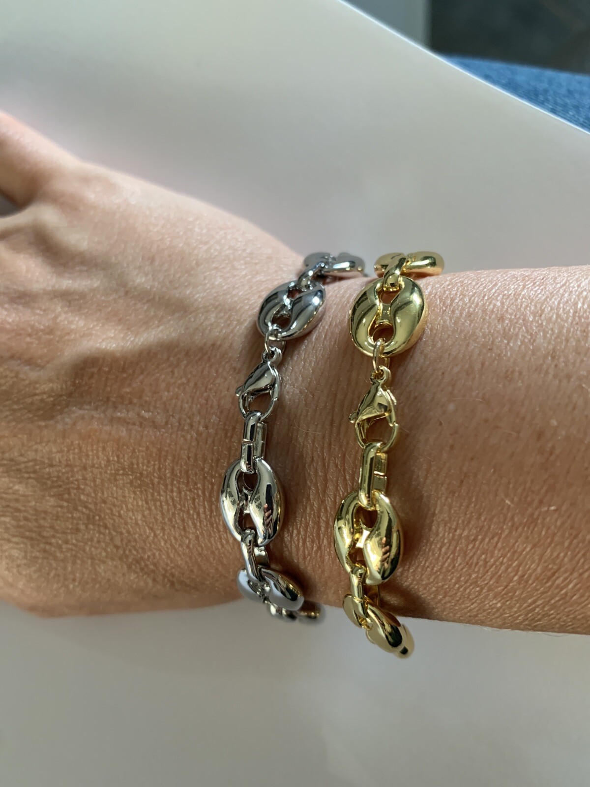 14k White gold Plated Puffy Puffed Anchor Mariner Link Chain Bracelet 1cm thick
