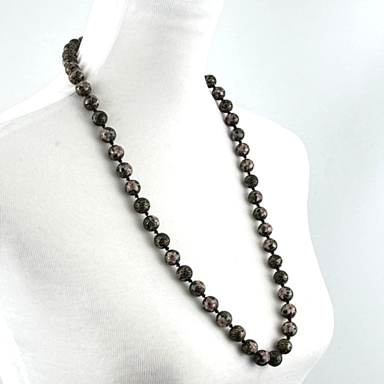 CLOISONNÉ vintage necklace – black & pink enamel floral beads 30″ Chinese export