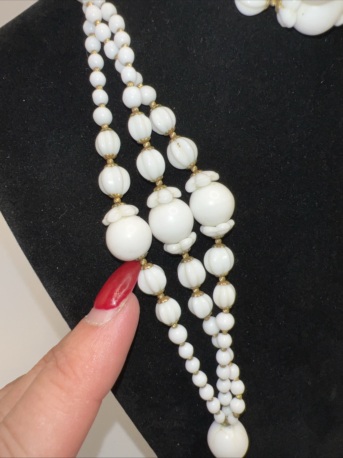 1930s 40s Milk Glass Lariat Necklace Rhinestone Multi Strand Art Deco 34”