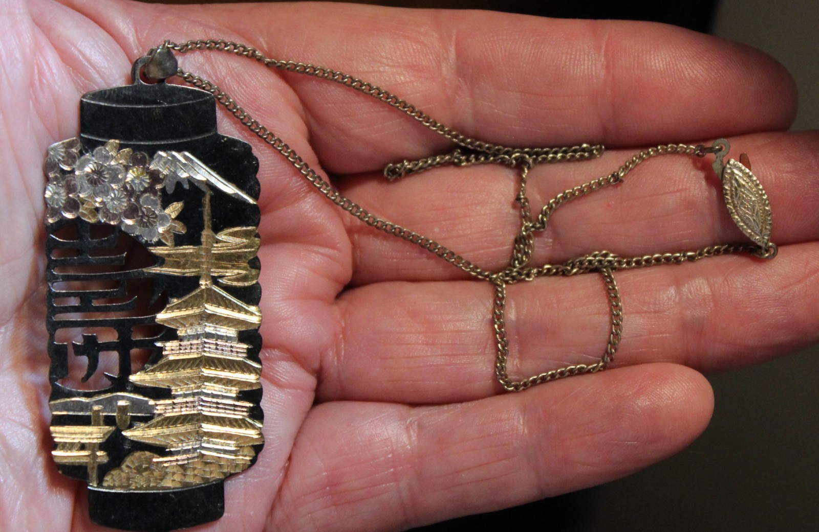 Old Japanese Damascene Sterling Silver & Gold Necklace Landscapes Houses 2 Sided