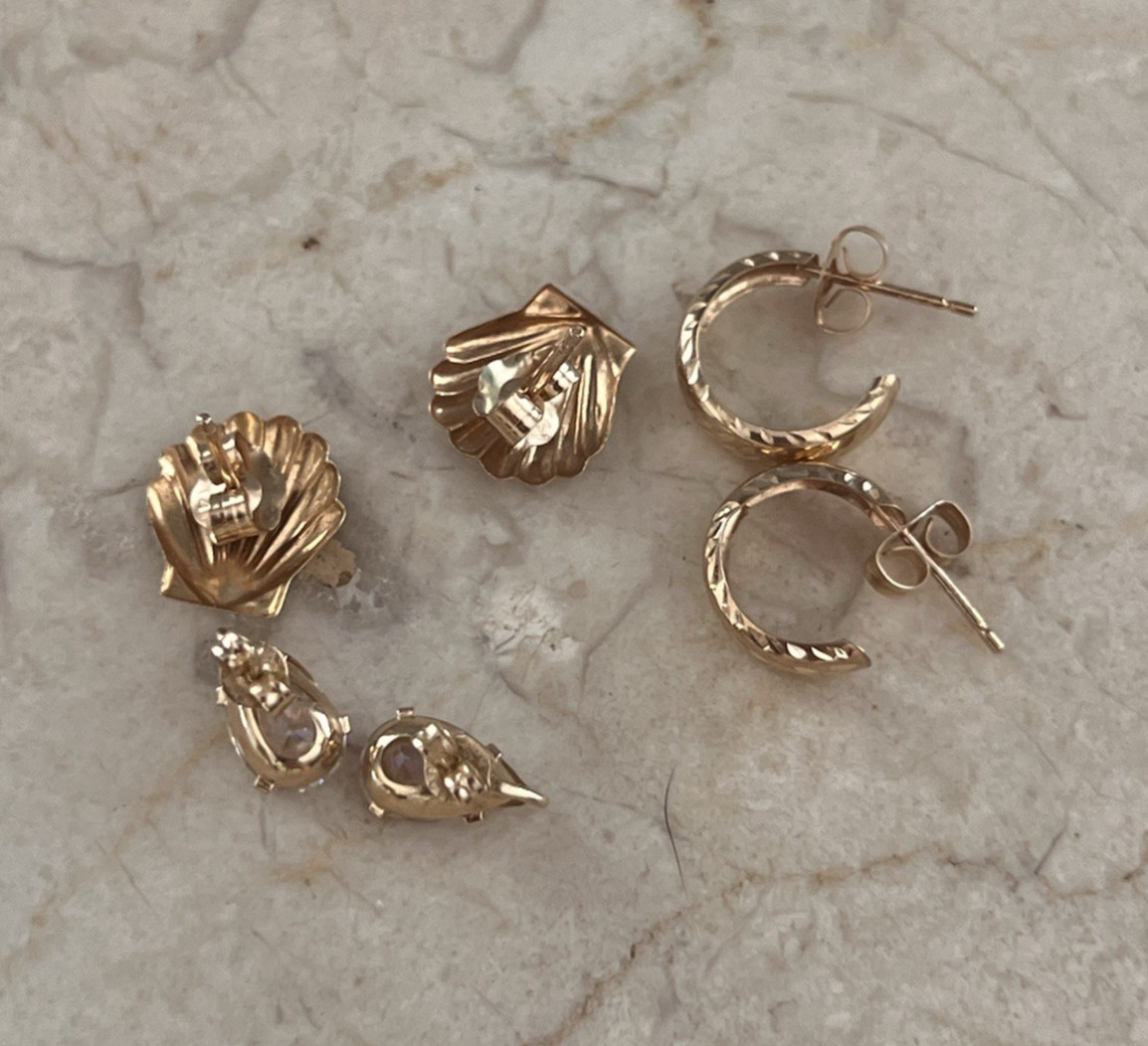 3 Pairs 14K Yellow Gold Dainty Earrings Lot Seashell Etched Hoops & AB Crystal