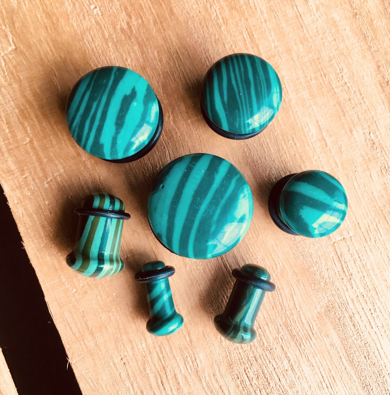 PAIR Single Flare Malachite Stone Plugs Gauges Earlets Body Jewelry