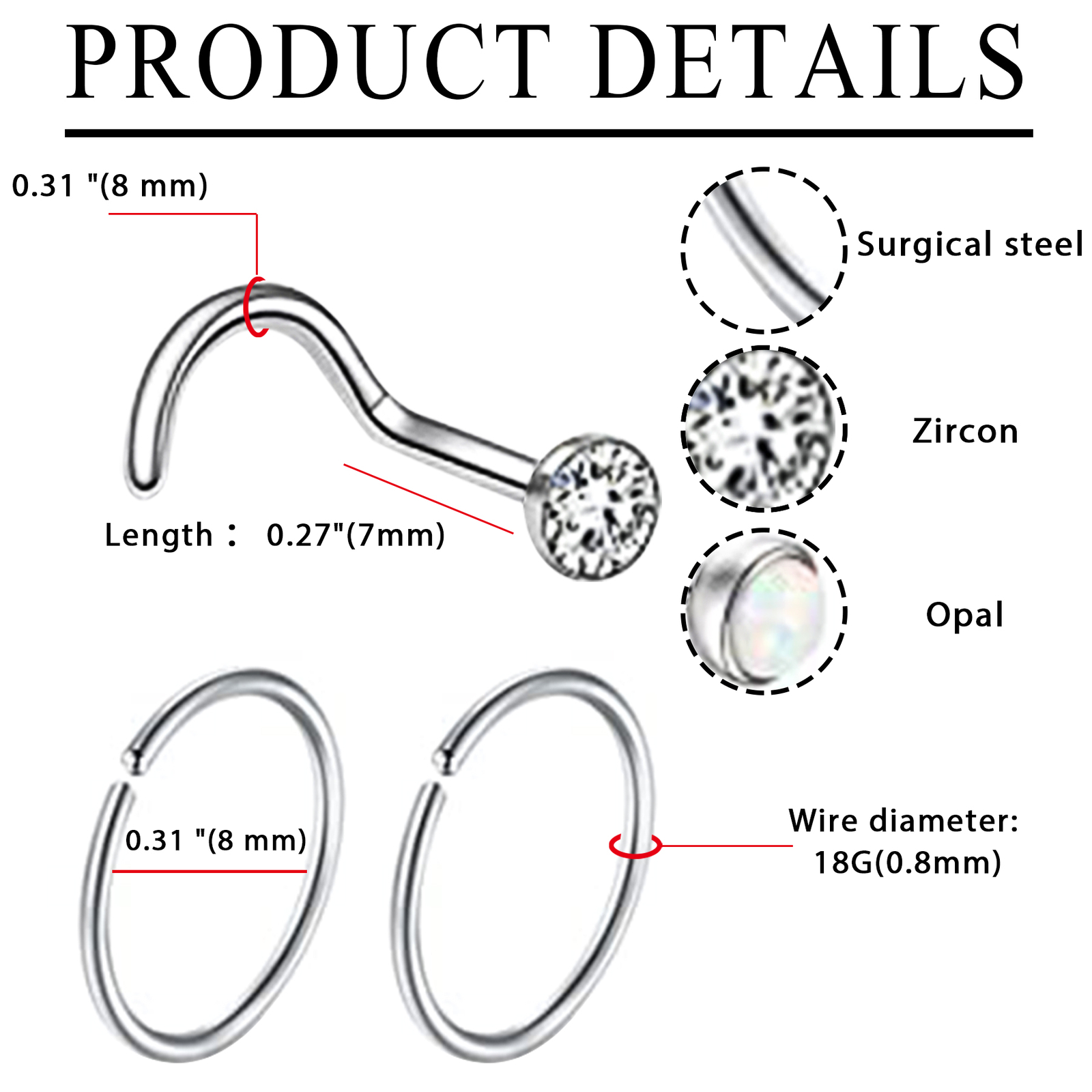 24Pcs 18G Stainless Steel Screw Nose Ring Nostril Piercing Jewelry Set Men Women