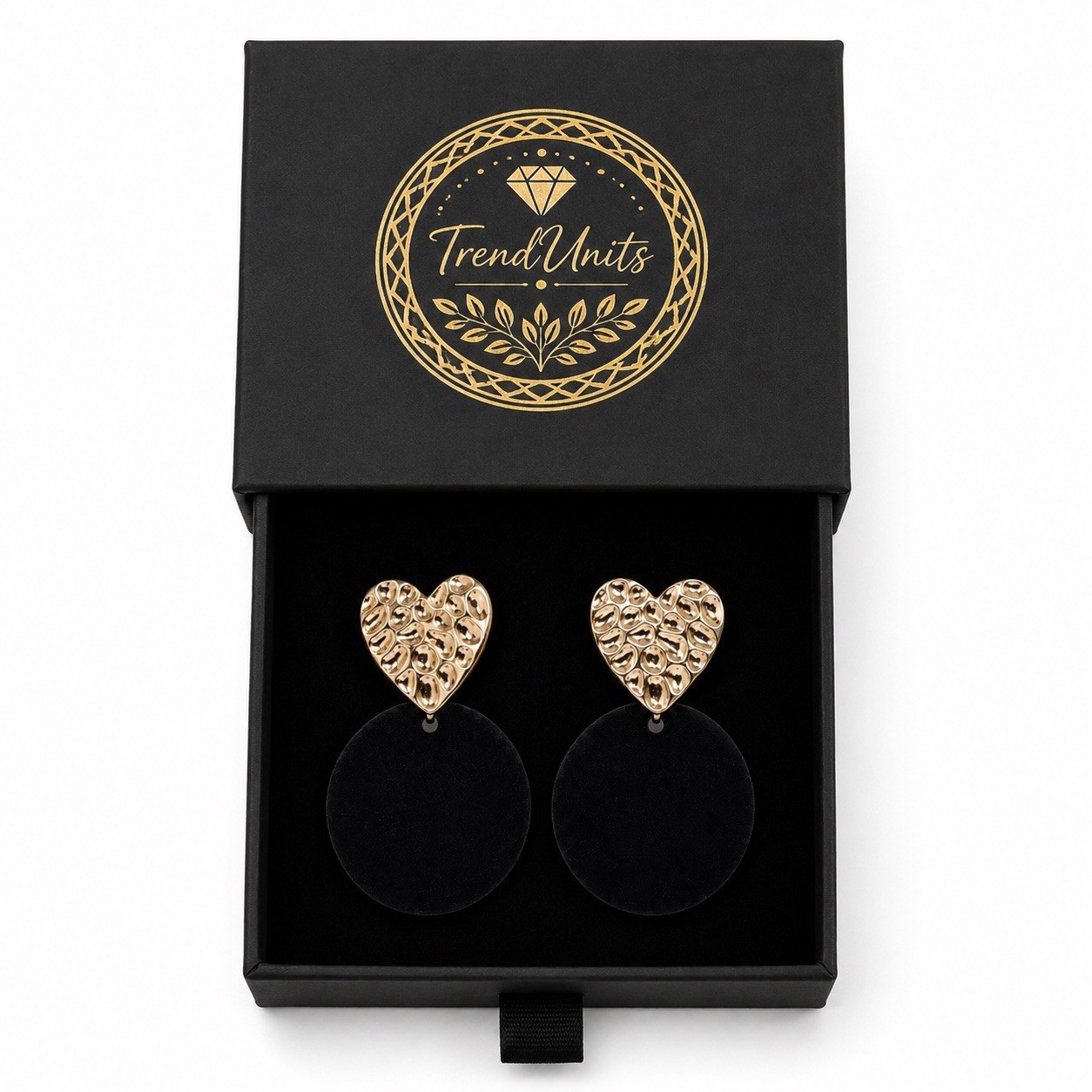 Black Velvet Heart Drop Earrings Gold Tone Statement Gift Box Included