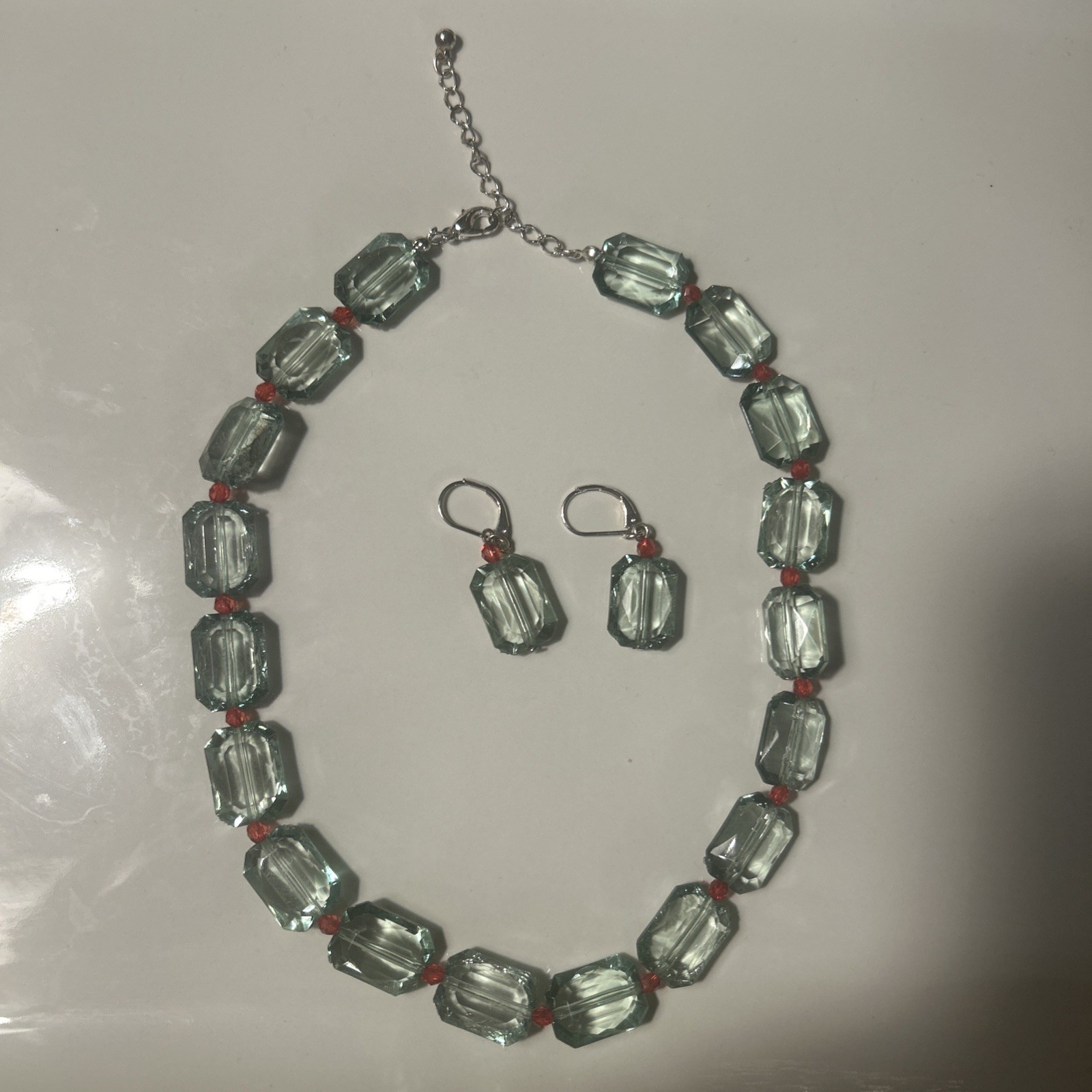 Necklace and Earring Set – Green and Red- Silver Tone