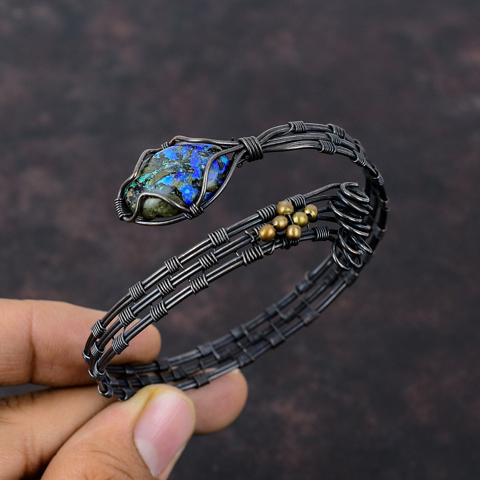 Azurite Malachite Wire Wrapped Adjustable Cuff Handcrafted Copper Unique Gift
