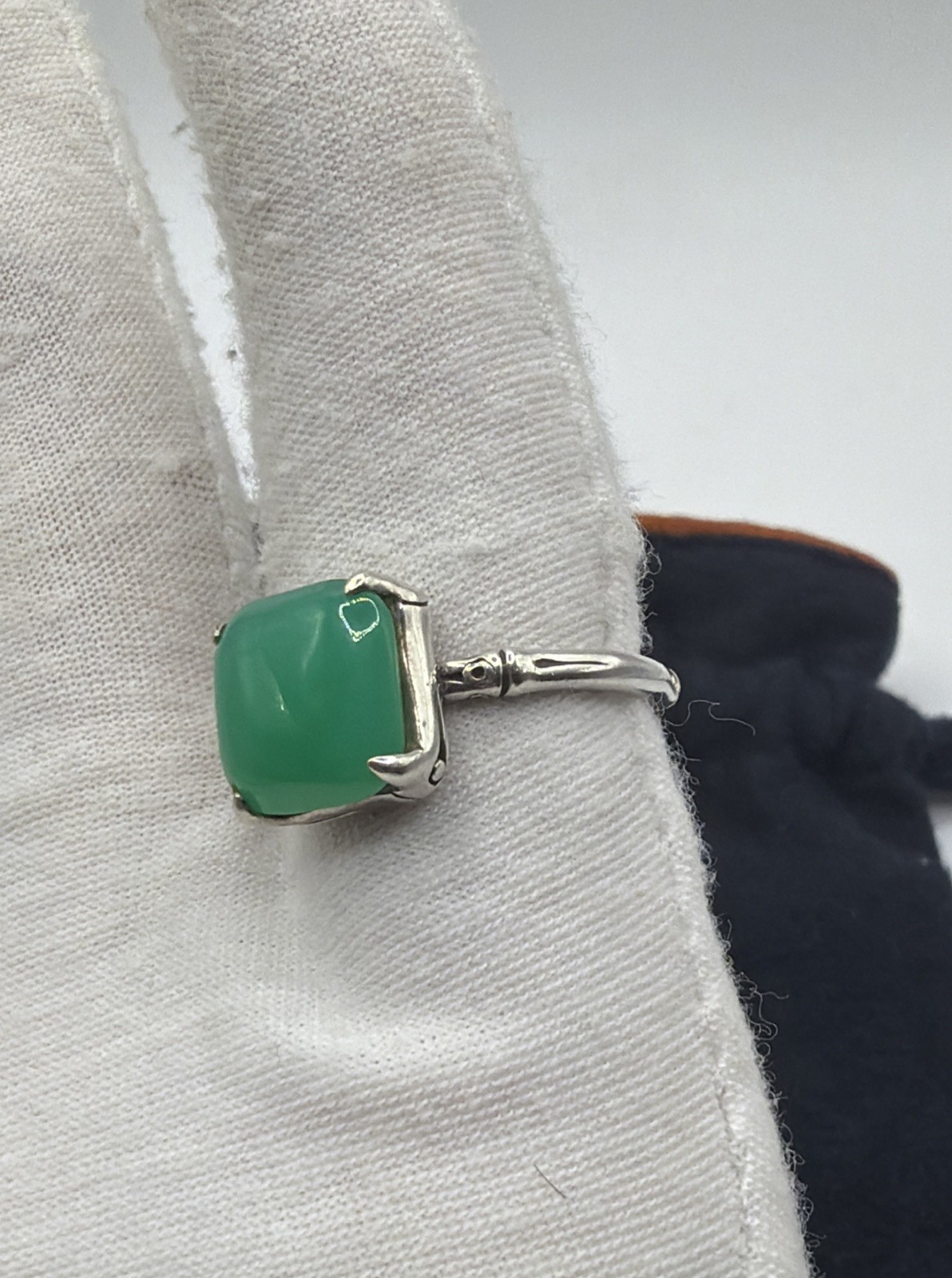 John Hardy Sterling Silver Green Chrysoprase Bamboo Collection Ring Size 8.25