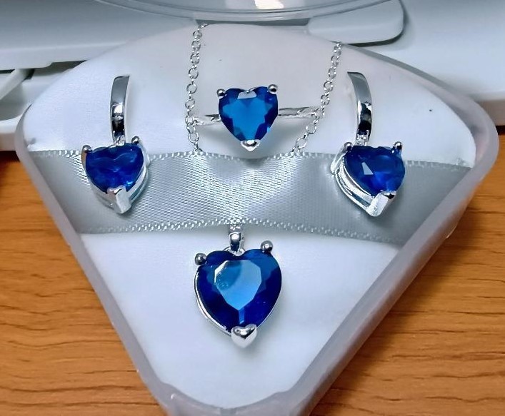 Heart Jewelry Set, Blue Zircon Stone in Ring, Earrings, Necklace, 925S, B268c