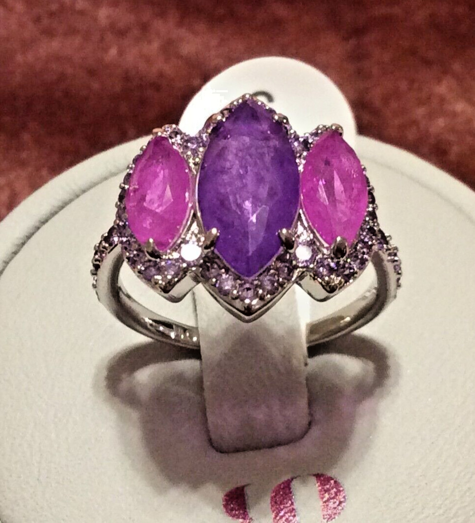 Bomb Party Blissful Blessings Amethyst Quart Lab Fluorite Rhodium Ring SZ 5 6658