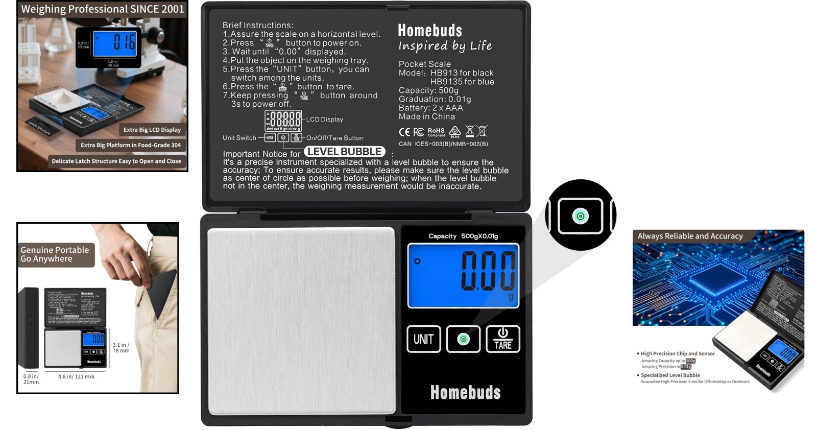 Stainless Steel Digital Scale – Pocket Size with Backlit Display & Tare Function