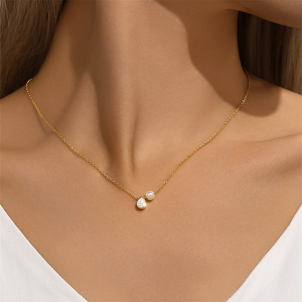 Gold Plated 925 Sterling Silver CZ Teardrop Faux Pearl Necklace for Women