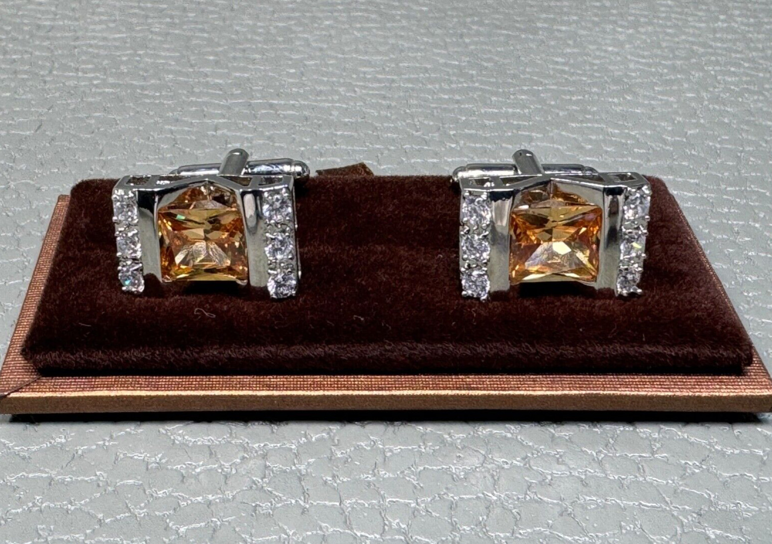 Super Bling Orange and Clear Stone White Gold Plated Cuff Links
