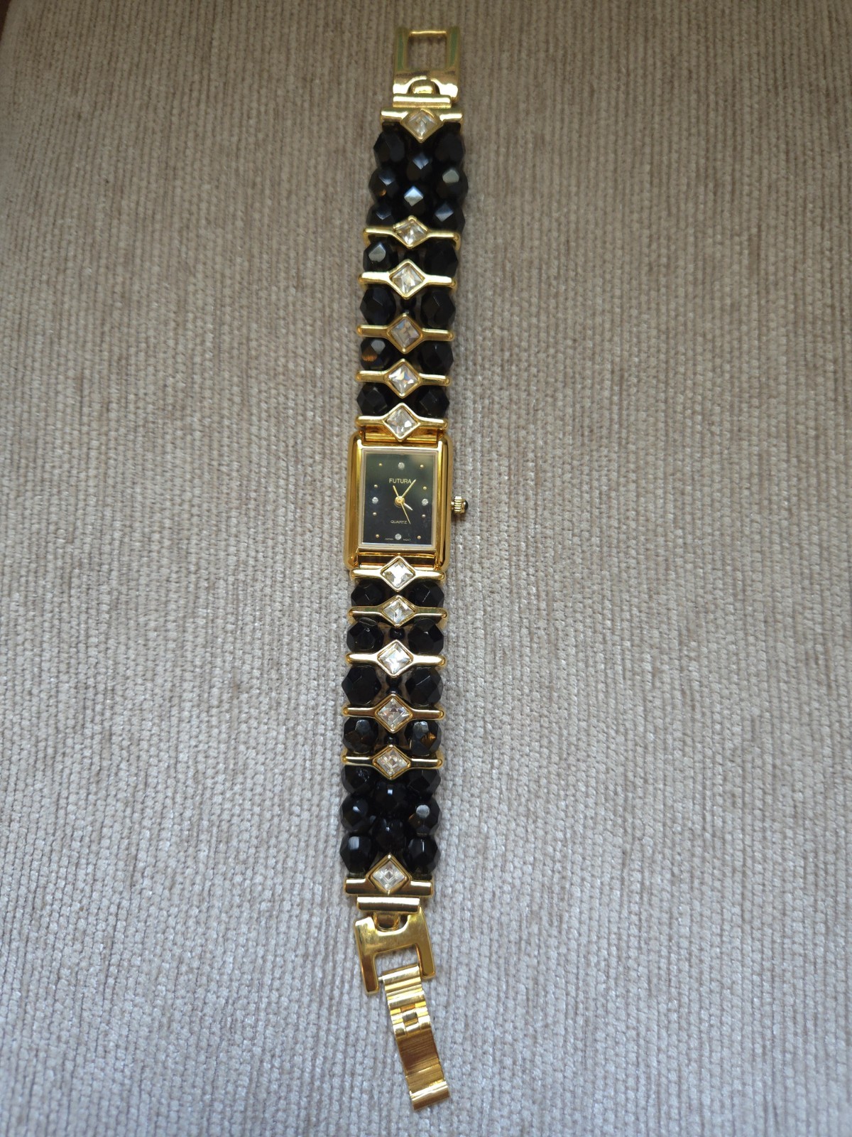 Vintage Futura 3780 Women’s Watch Black Beaded Rhinestone Quartz w/ Original Box
