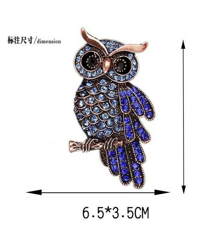 Gift Classic Luxury Owl Bird Gold Tone Brooch Pin Blue Rhinestone Crystal