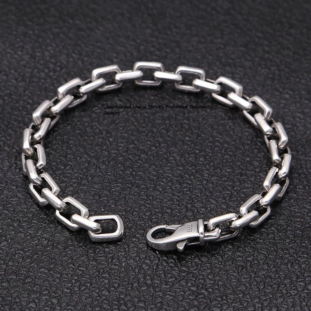 Solid S925 Sterling Silver Chain Men Women 7mm Square O Link Bracelet 7.1-8.7in
