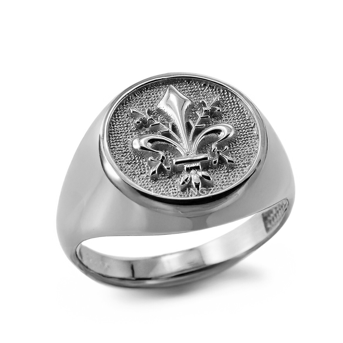 Sterling Silver Fleur-de-Lis Round Signet Ring Textured Medieval Emblem Polished
