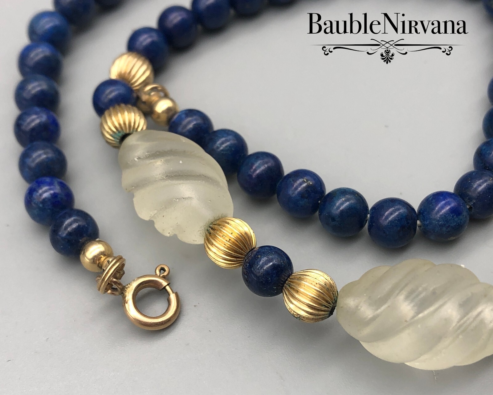 Vintage Lapis Lazuli Blue Swirl Frosted Crystal& Goldtone Beads Elegant Necklace