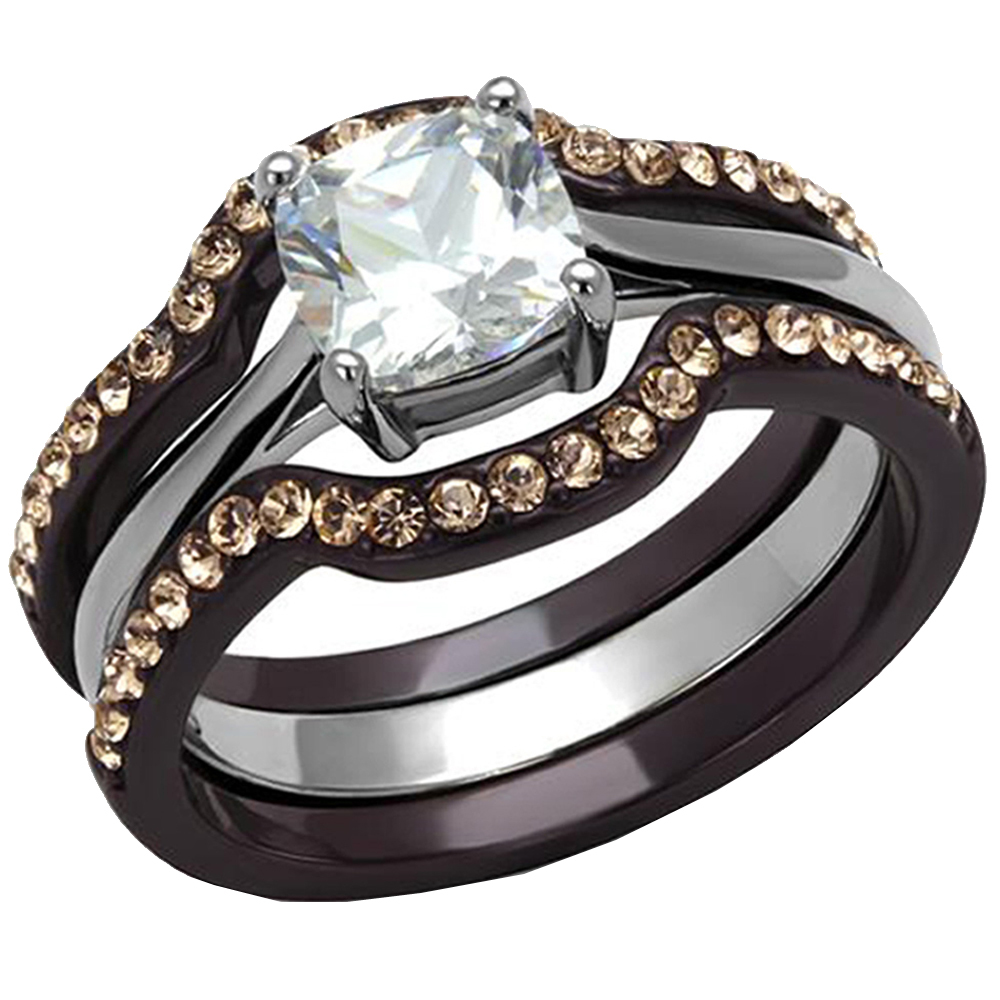 Stainless Steel Chocolate Plated CZ Cushion Cut Women’s Fashion Wedding Ring Set