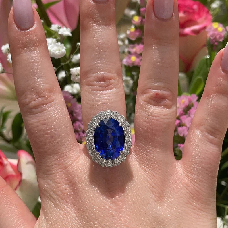 5.00 Ct Oval Natural Sapphire & Diamond Engagement Ring 14K White Gold Size 8