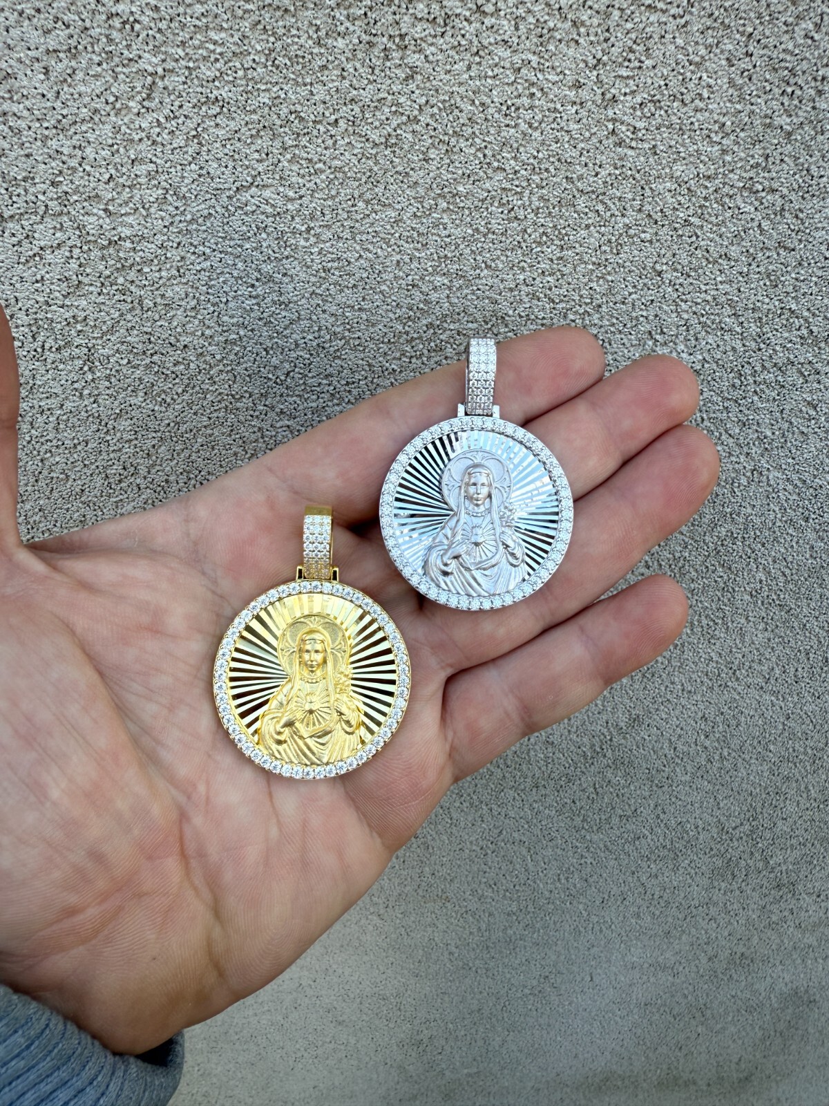 MOISSANITE Virgin Mary Round Medallion Pendant Real 925 Silver / Gold Necklace