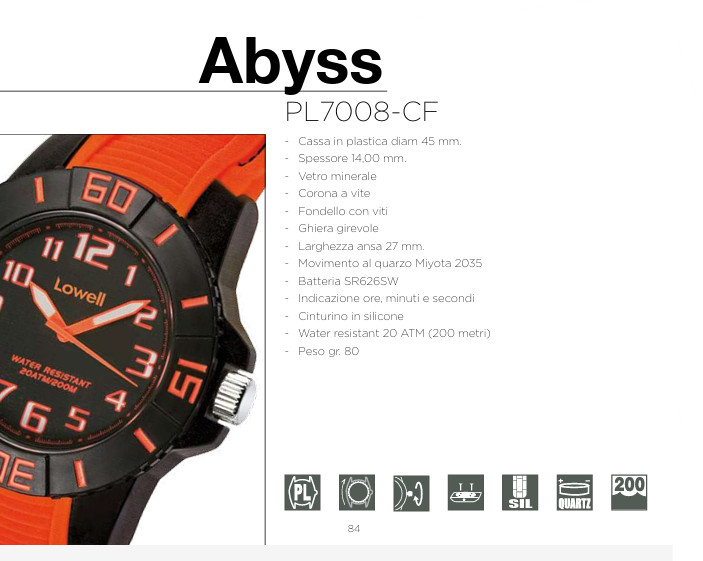 Lowell Abyss Men’s Watch Diving Sub 20 ATM 200M Plastic Silicone Orange