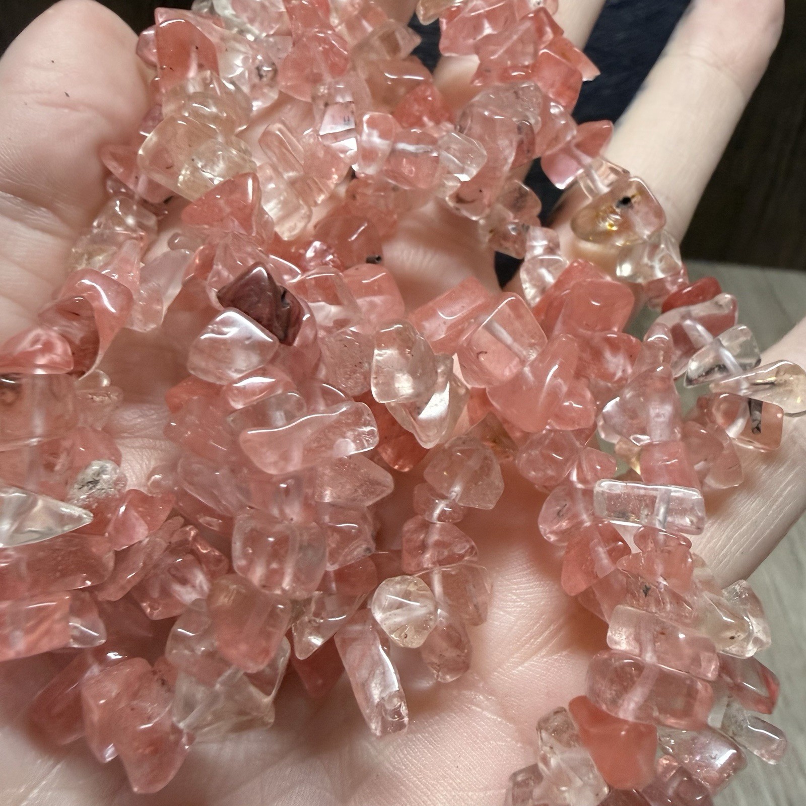RETRO Cherry/Rose Quartz Beaded Necklace Pink Gemstone Kitsch Pretty 92cm Long