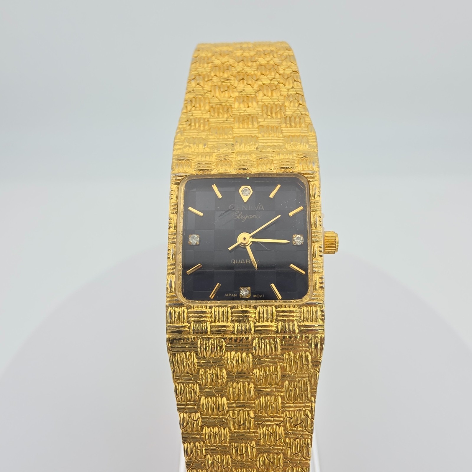 Vtg GENEVA Elegance Ladies Watch Crystal Indices Basket Weave Band Gold Plate 8″