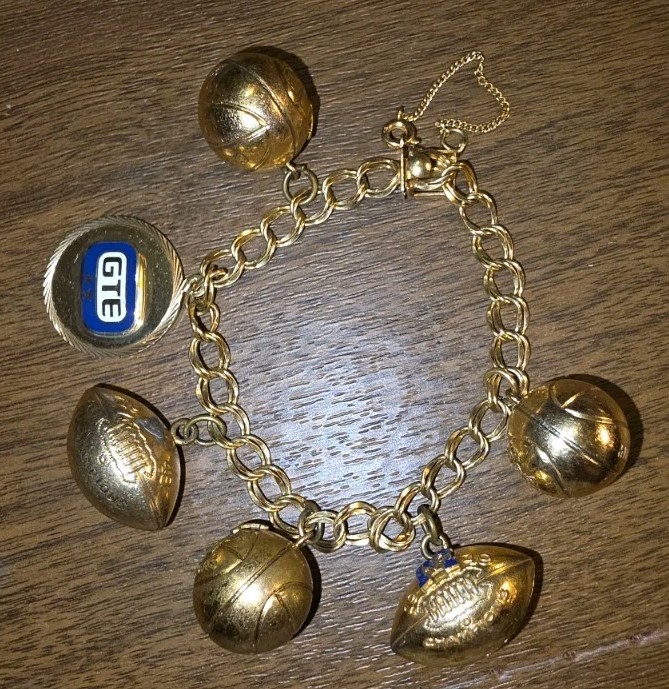 1940s & 1950s 12K GF Spartan Charm Bracelet Gold Football Basketball GTE Charm