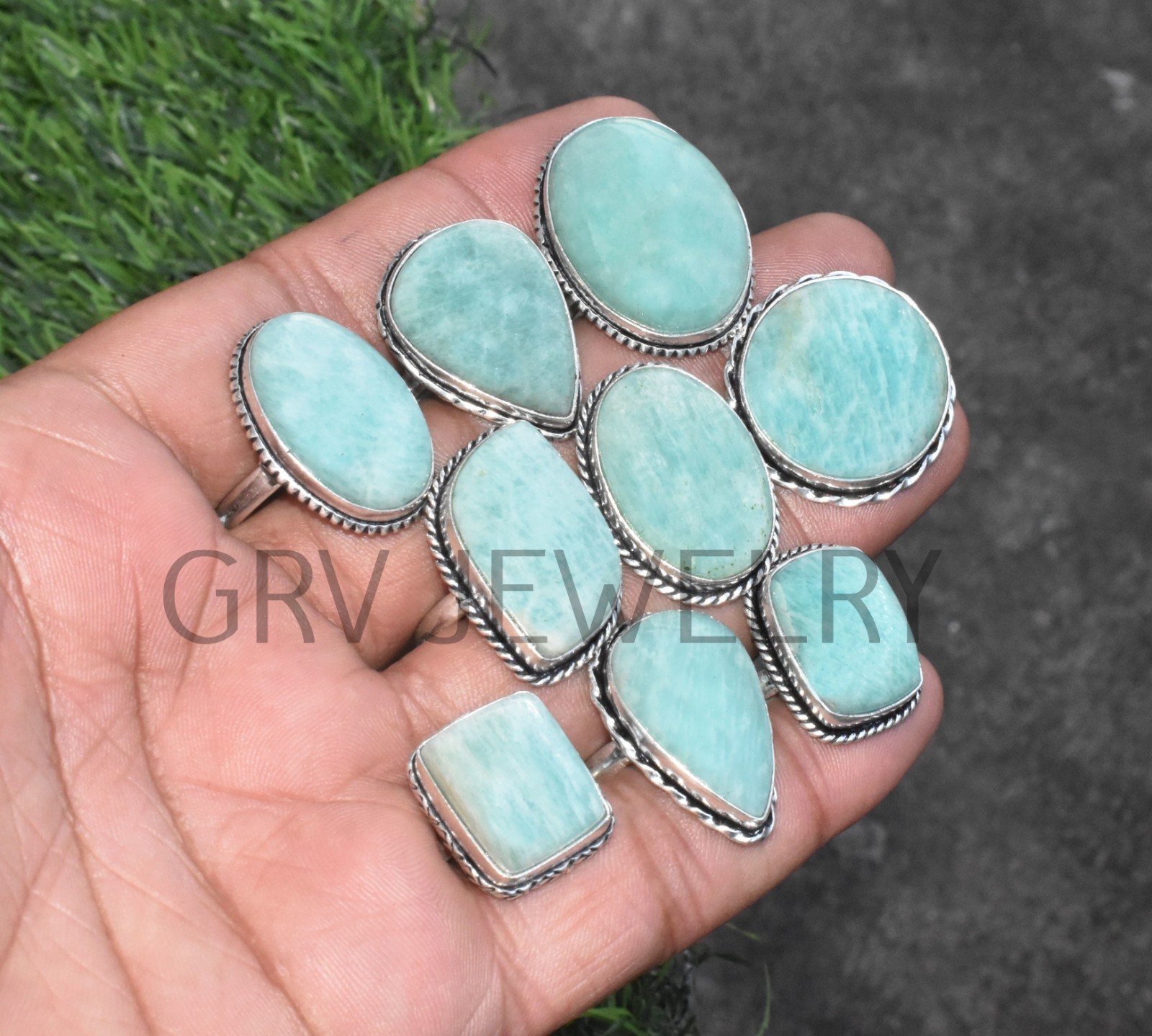 1-500 Pcs Natural Amazonite In Wholesale Gemstone Rings Lot: Silver Plated Whr-9