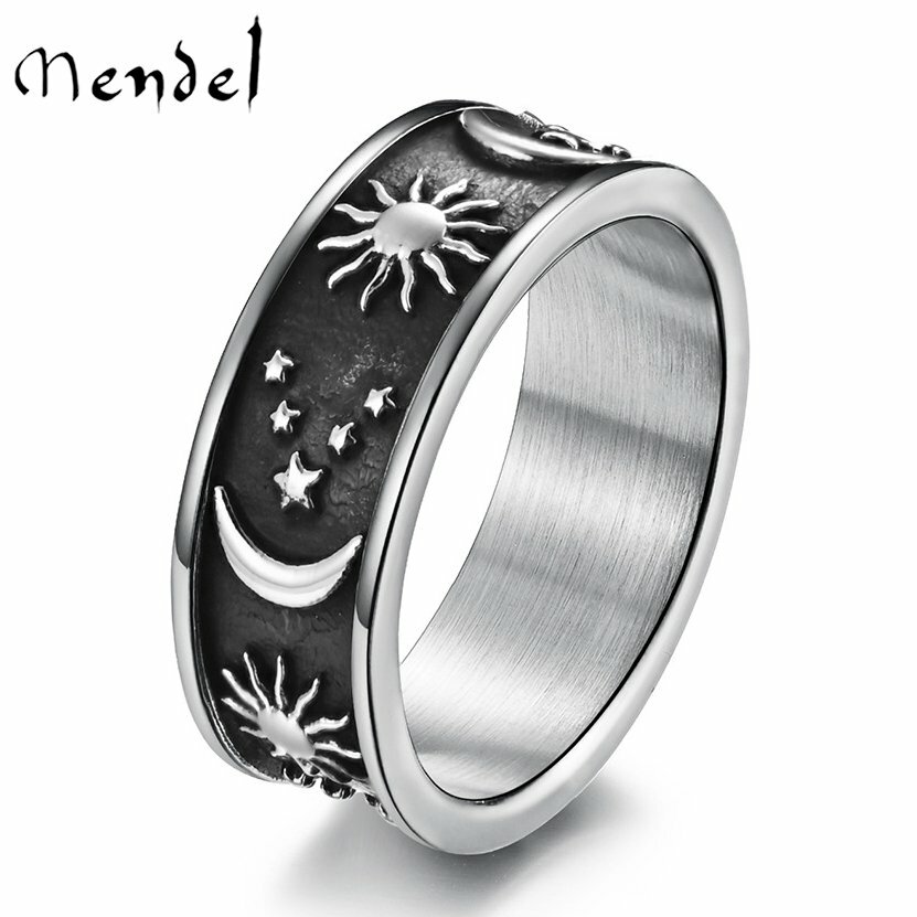 MENDEL Black Mens Womens Sun And Moon Star Ring Band Stainless Steel Size 6-15