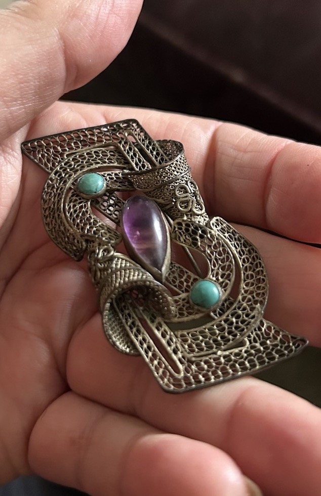 Antique Chinese Export Silver Filigree Amethyst Turquoise Floral Brooch Unusual