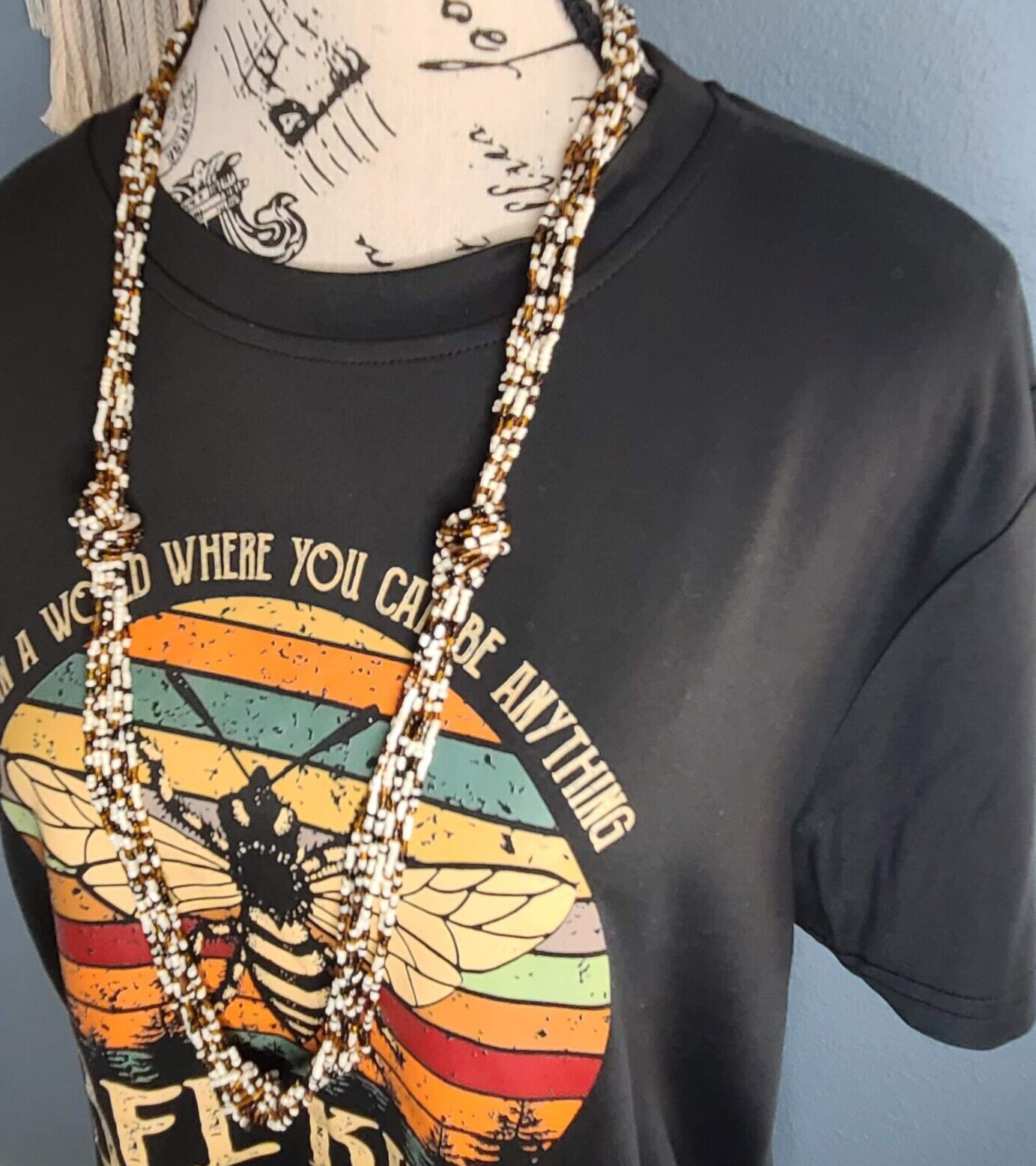 Layered White, Yellow, Brown & Black Knotted Seed Bead Necklace, 36″