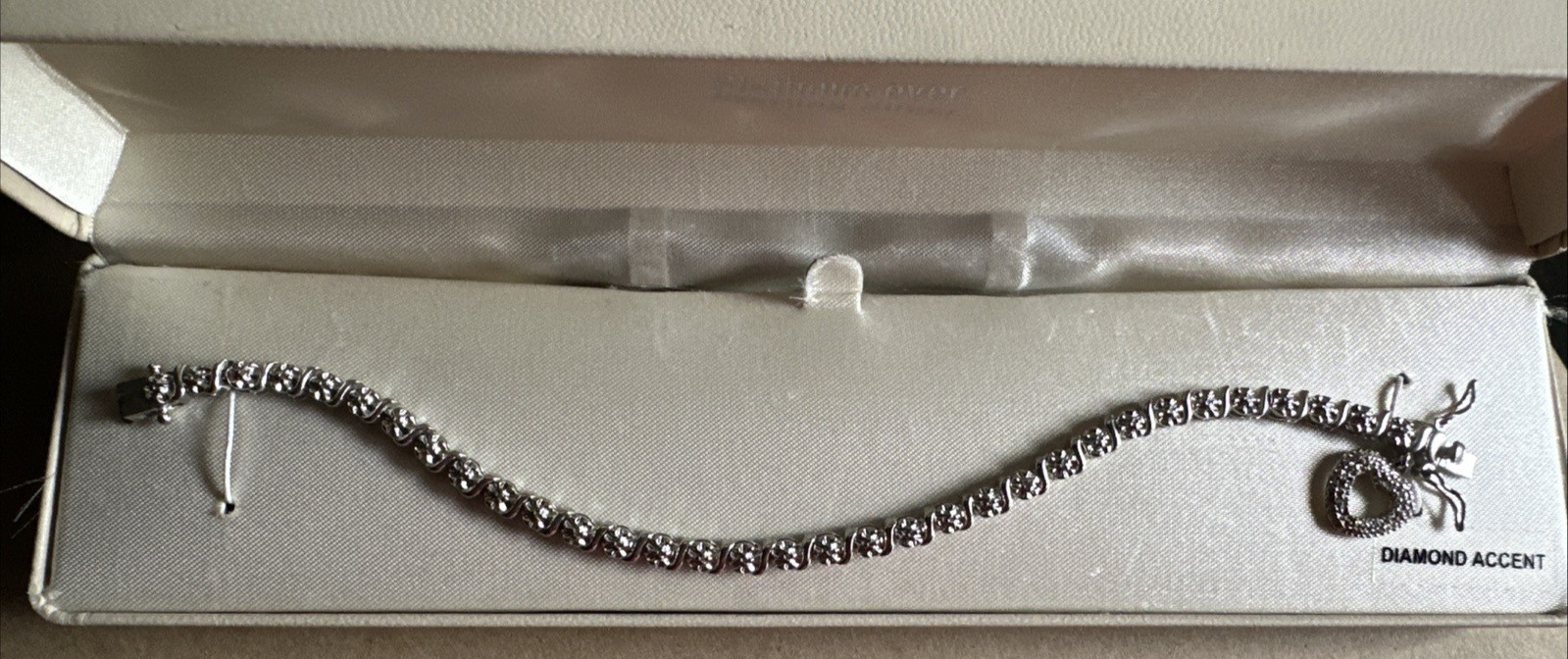 Marked 925 Platinum Over Silver Diamond Accent Tennis Bracelet w/ Heart Charm