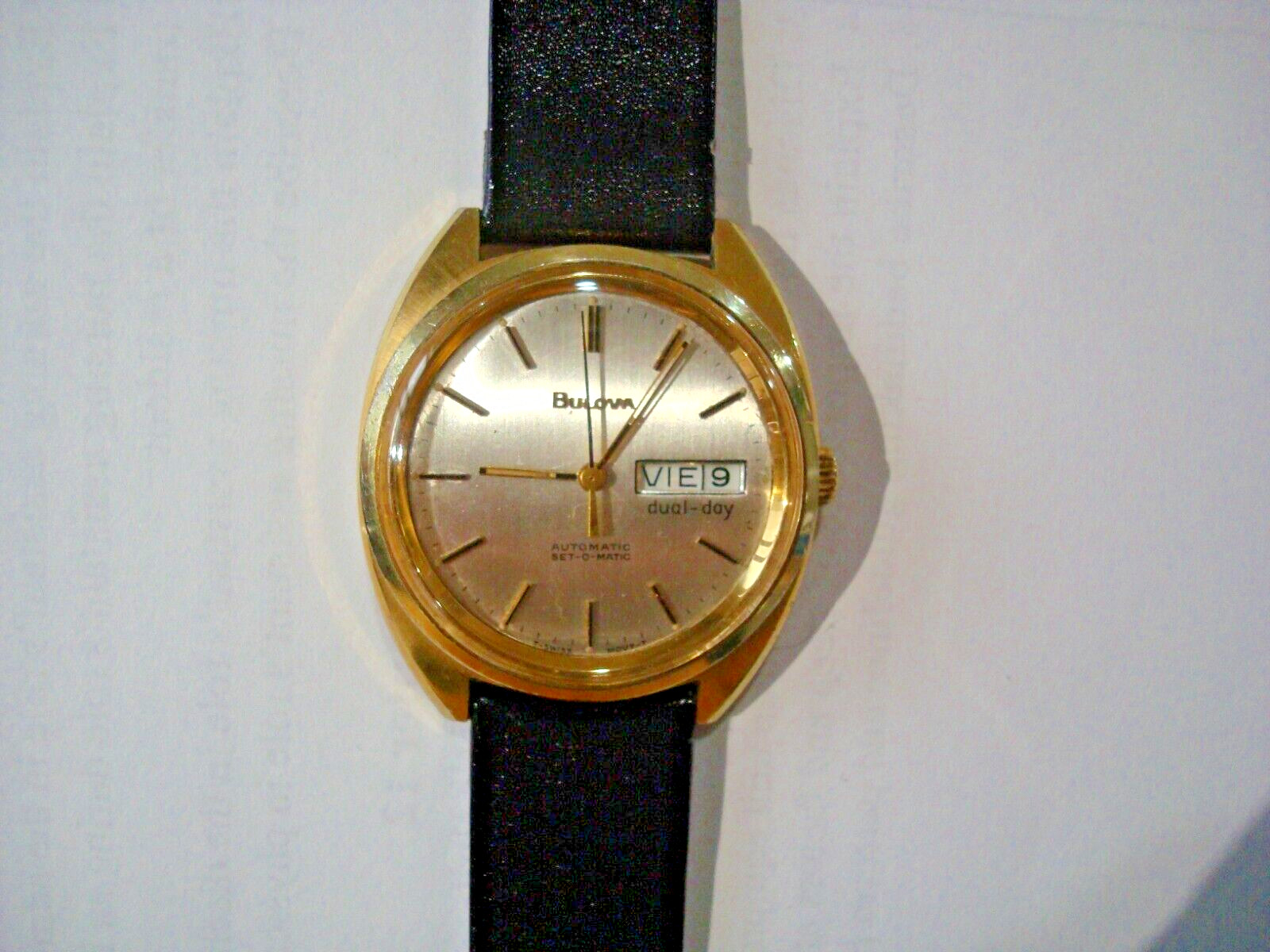 Bulova N7 Mens Automatic Watch 17j. ETA 2879 Day Date Quick Set New Band GC Runs