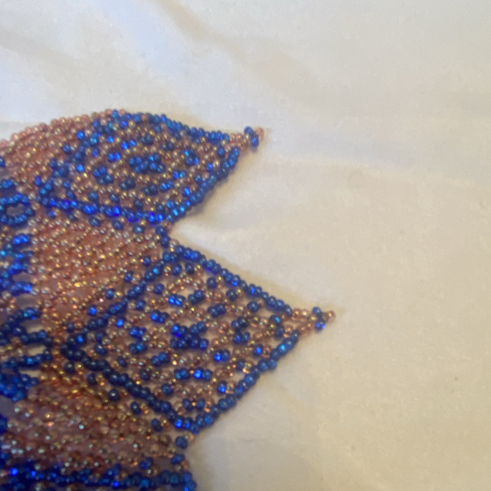 Vintage Blue & Brown Glass Beaded Geometric Bib Choker Necklace Adjustable 10in