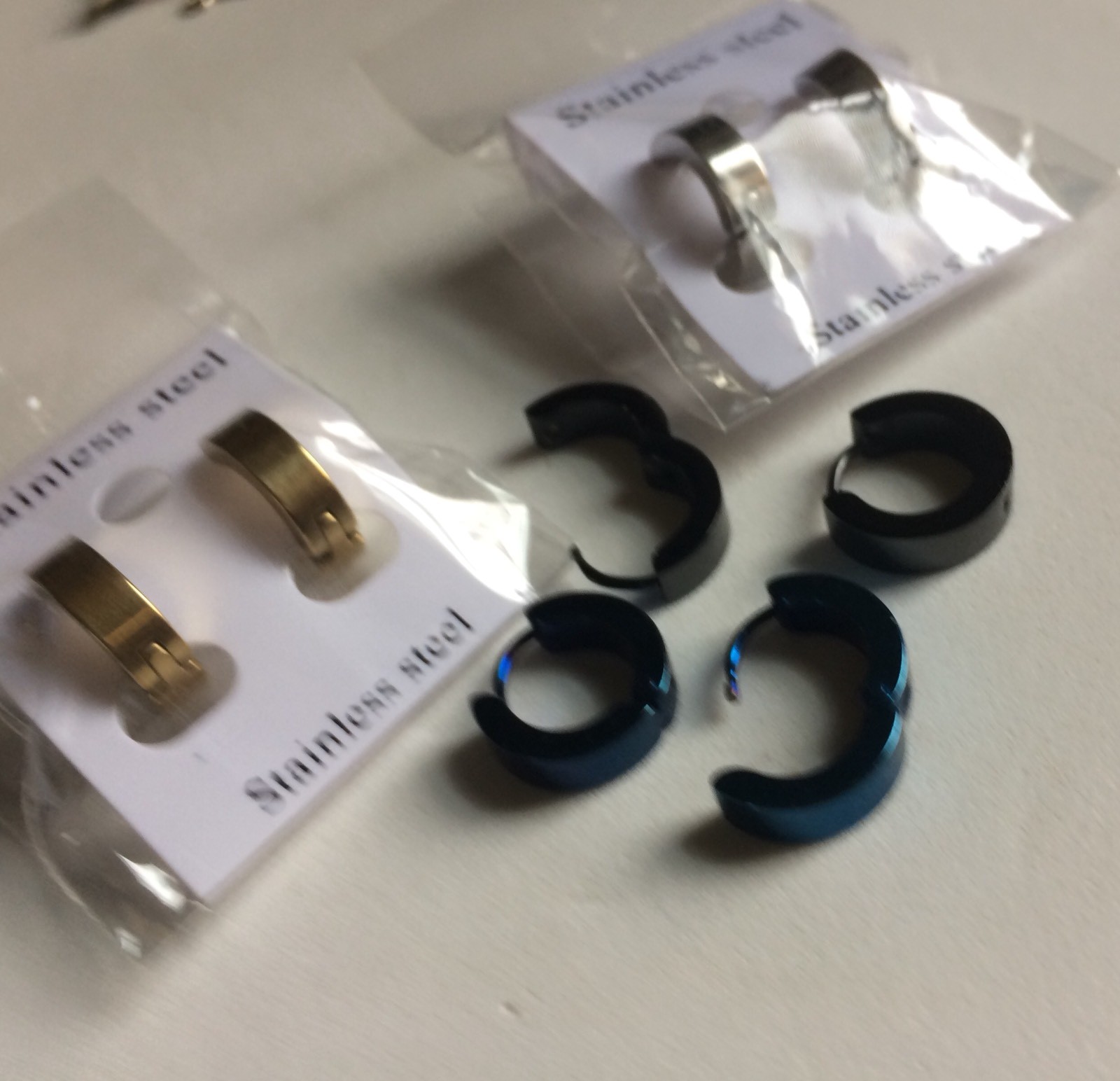 Ear Huggys Stainless Steel Hoop Earrings Black Or Blue Gold or Silver