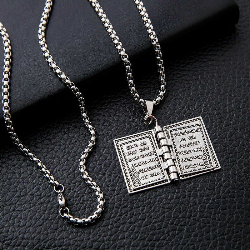 Openable Holy Bible Book Pendant Necklace Prayer Bible Verse Faith on God Unisex