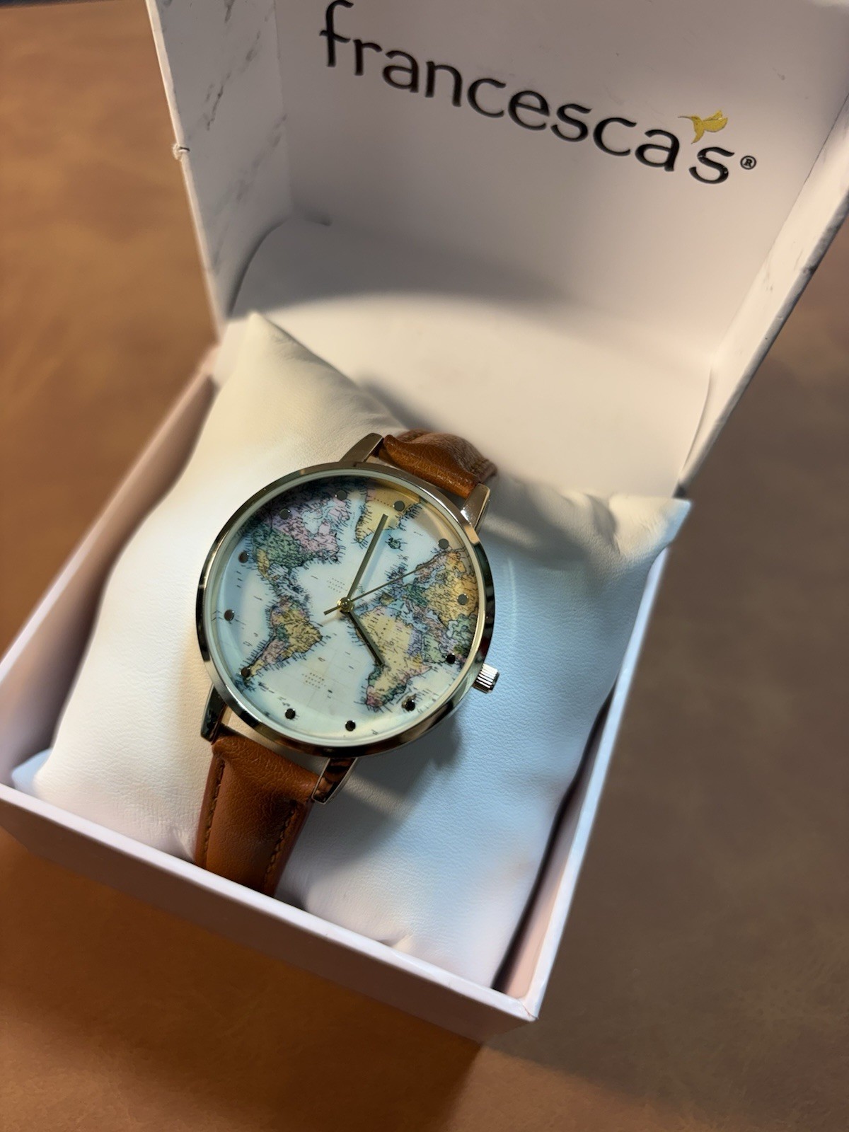 World Map Francescas Women’s Quartz Watch Gold Tone Ladies Leather Band,Box