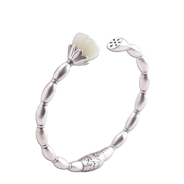 I03 Silver 925 Rice Grain Effect Lotus Flower White Jade Bangle Bracelet
