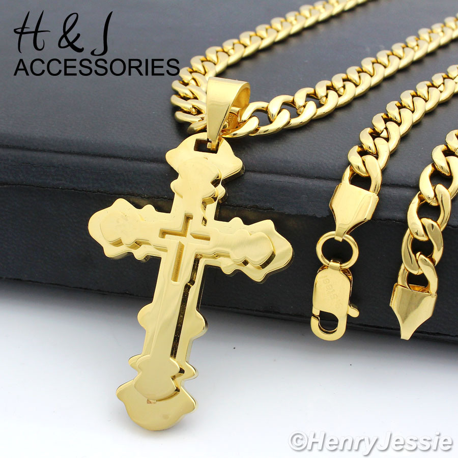 18-40″Stainless Steel 6mm Gold Plated Cuban Curb Chain Overlay Cross Pendant*P76