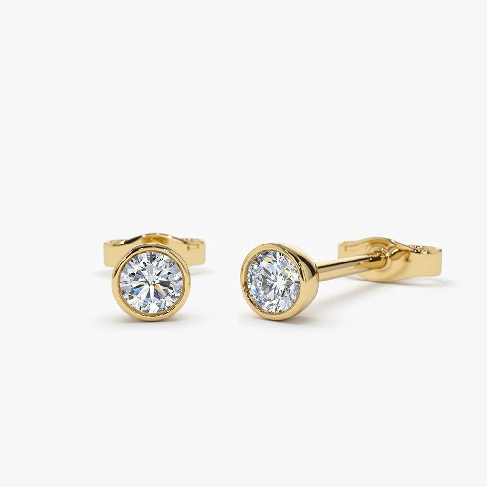 Round Cut H-I/SI Clarity Natural Diamond 14K Gold Bezel Set Stud Helix Earrings