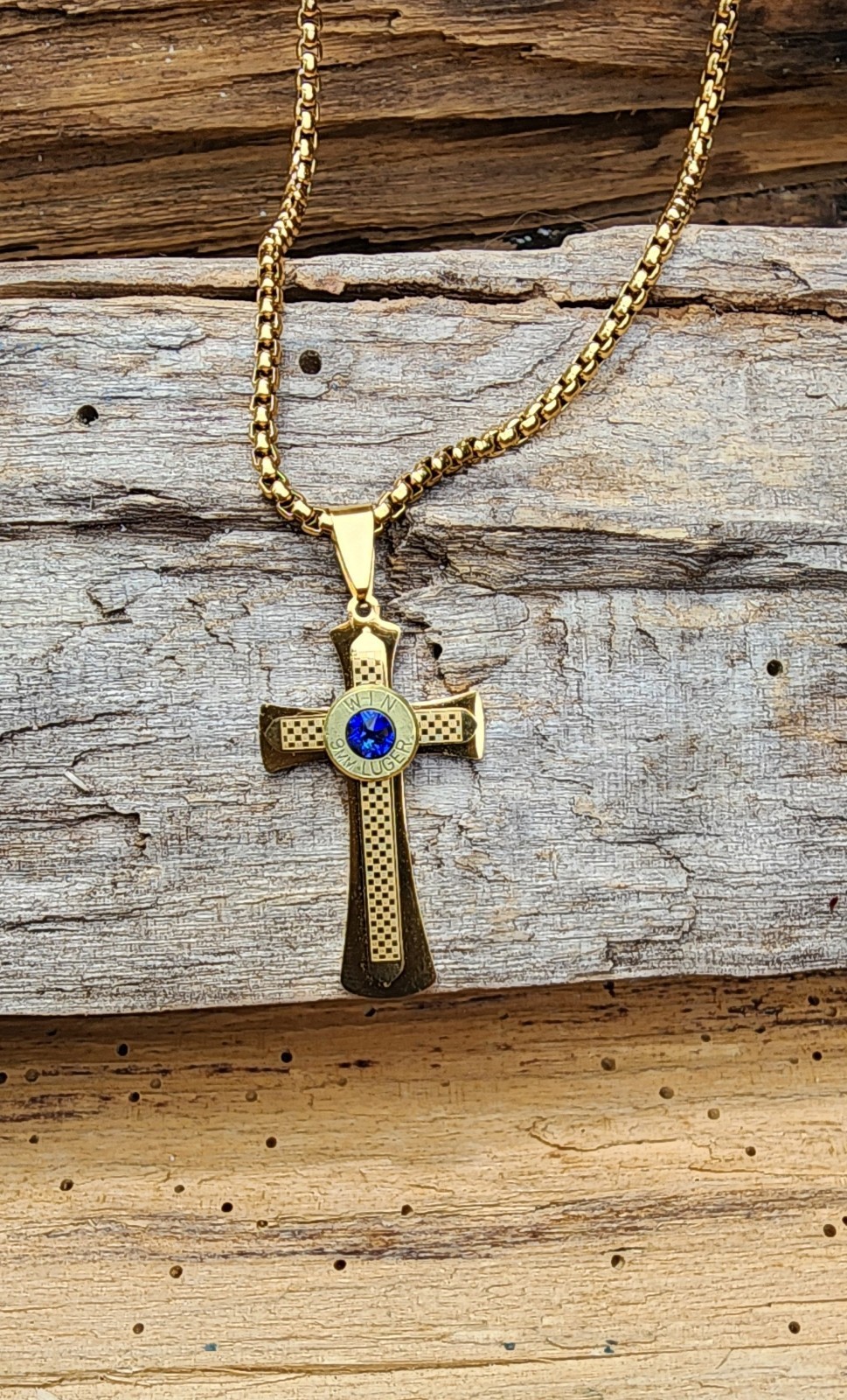 Gold Stainless Steel Cross Necklace with 9mm Bullet. Optional Crystal.