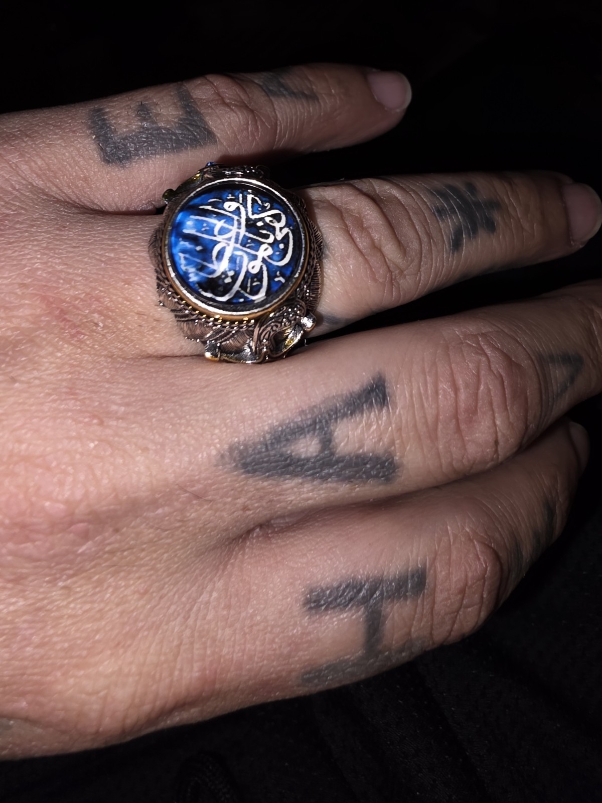 Britnix Blue Round Cabochon Arabic Calligraphy Signet Ring Silver Size 10