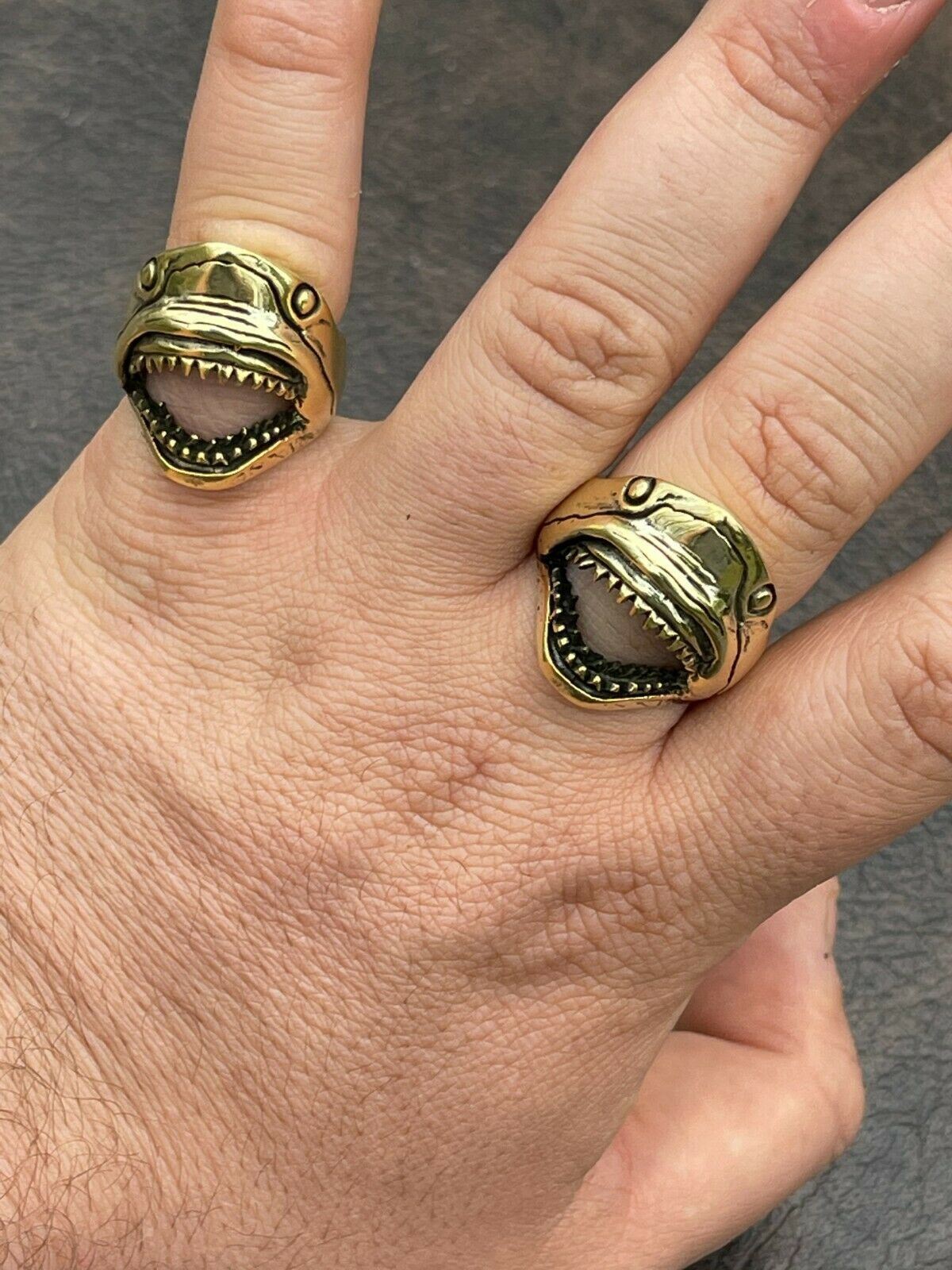 Real 14k Gold Plated 925 Sterling Silver Mens Great White Shark Teeth JAWS Ring