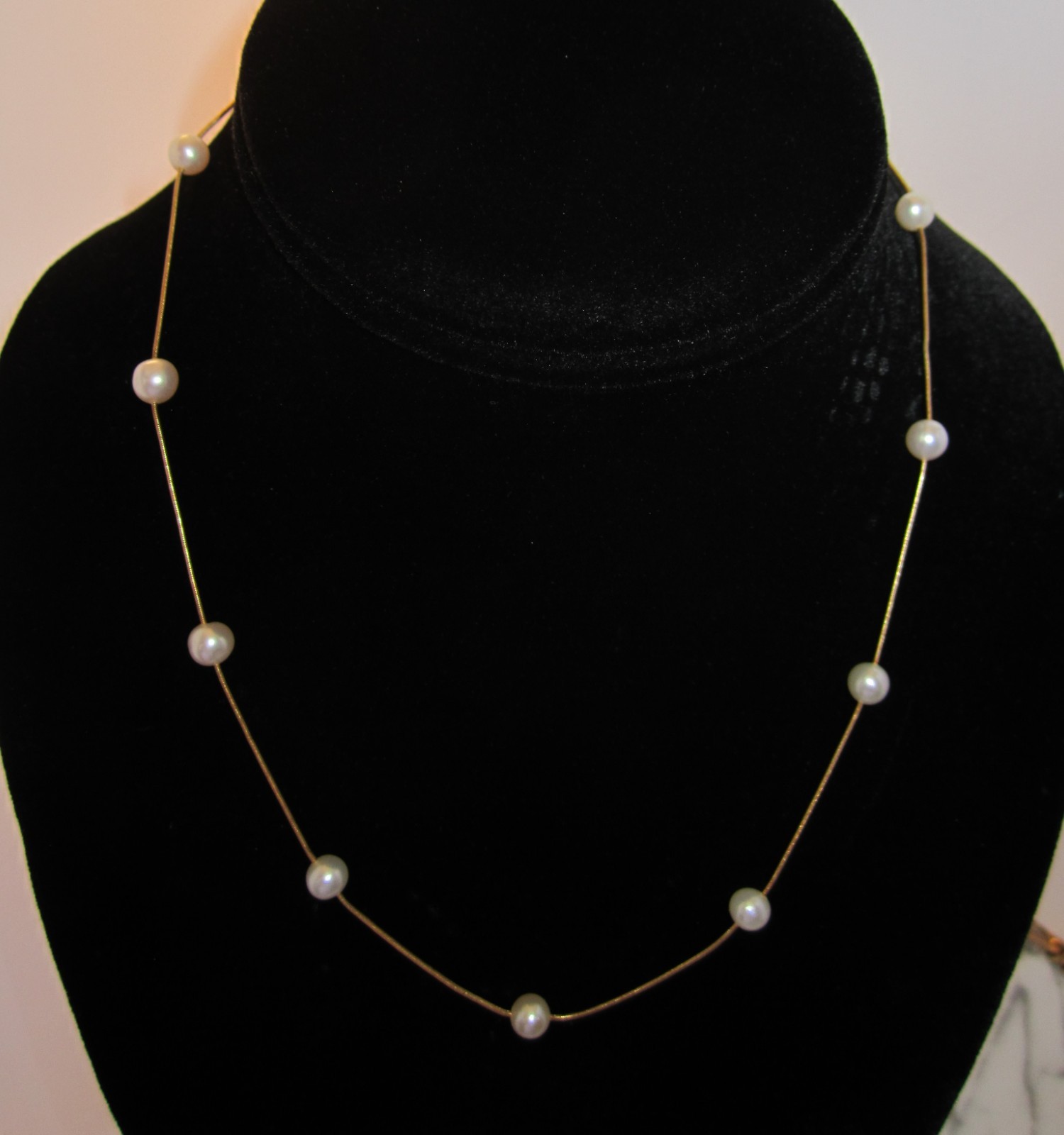 RCI 14K Gold 16″ Long Necklace with Floating Pearl Stations 5mm Pearl