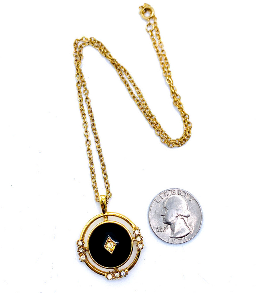 Vtg Gold Crown Inc Gold Tone Black Enamel Rhinestone Deco Rev. Pendant Necklace