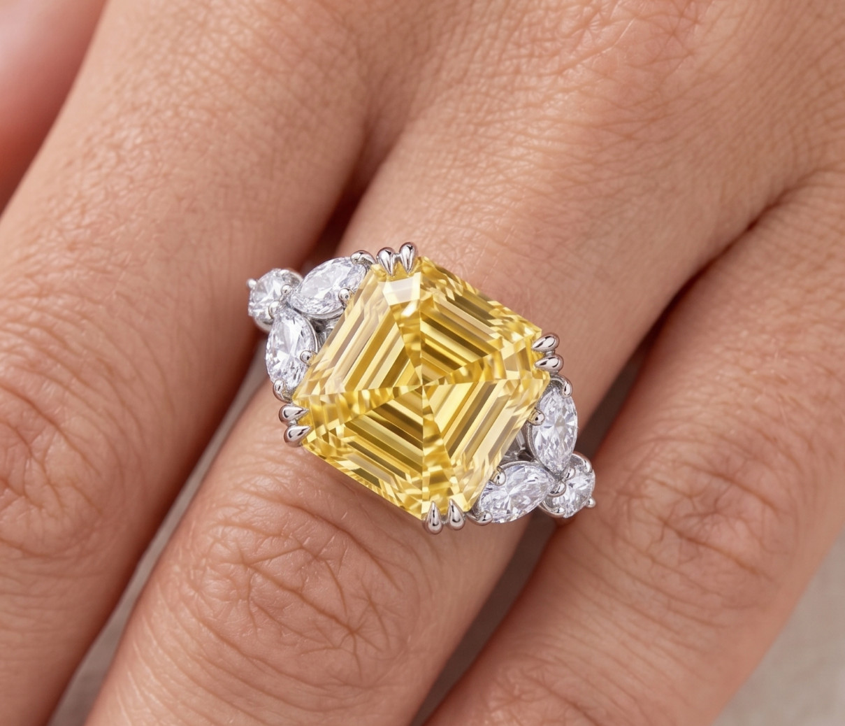 5.30 Ct Certified Asscher Cut Yellow Natural Diamond Ring VVS1 White Gold Finish